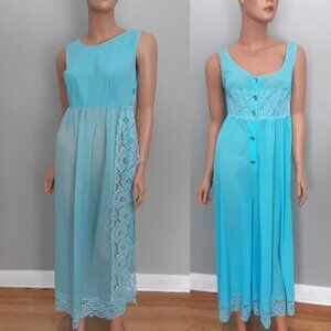 VTG Turquoise Blue 2 pcs Nightgown Set Louis Jean Mint Condition Unique Size S-M